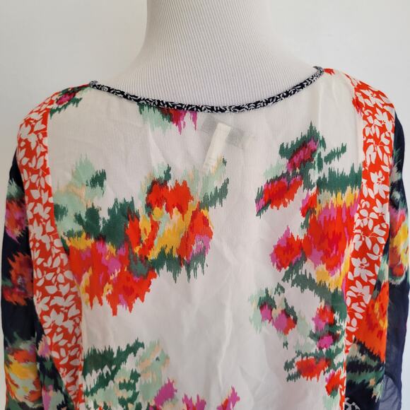 Joie Silk Patchwork Blouse Floral Boho Semi-Sheer Orange White Women Medium - Picture 7 of 11